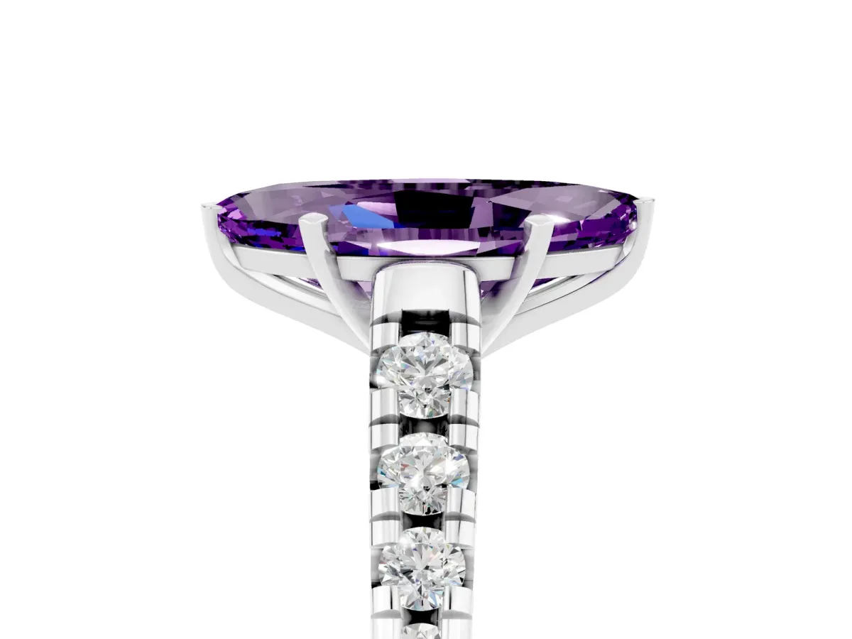 Marquise Cut Amethyst Cathedral Solitaire Ring with Round Pavé Band Silver