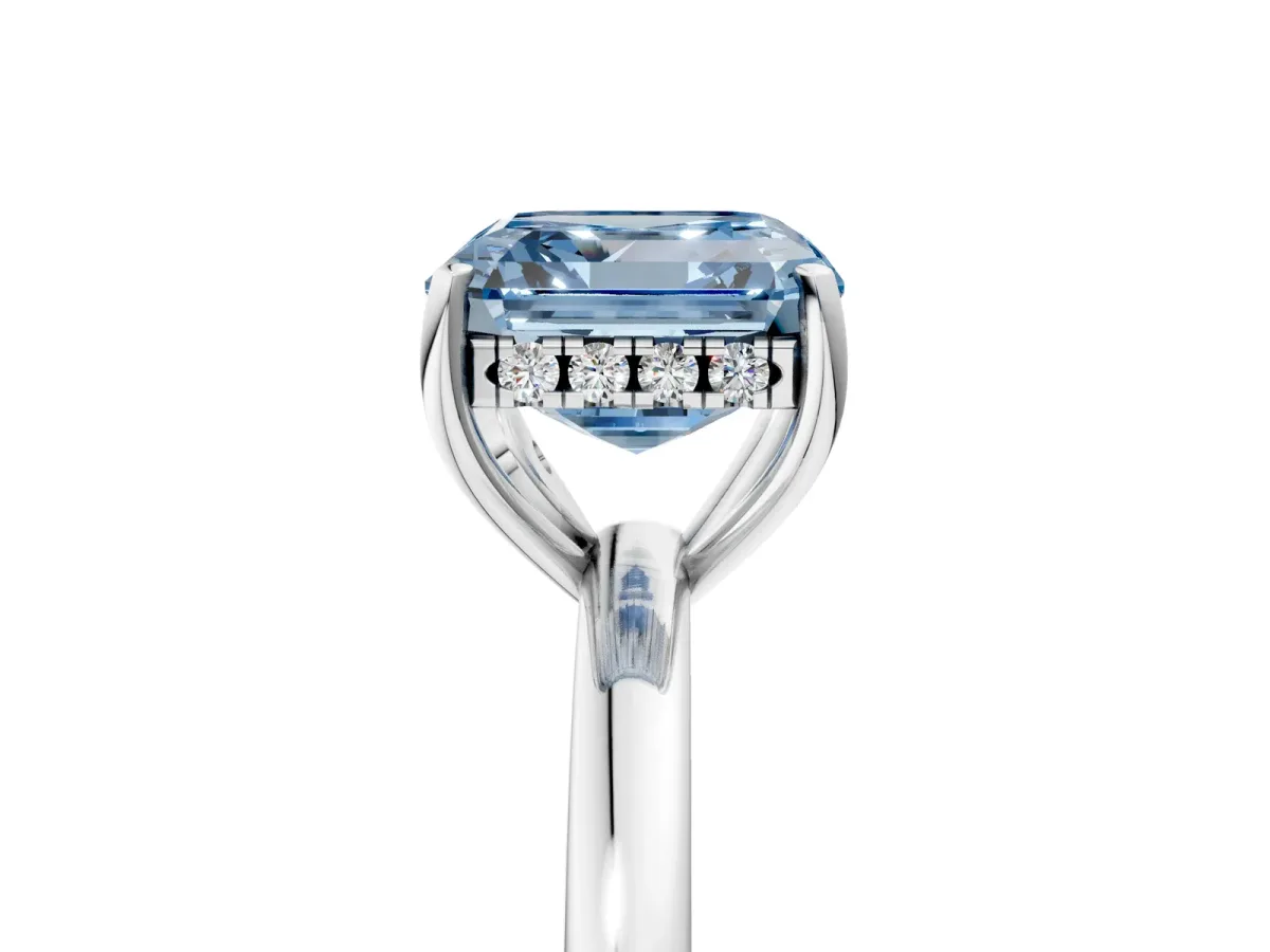 Fancy Blue Asscher Cut Solitaire Diamond Ring with Prong Setting and Plain Band Silver