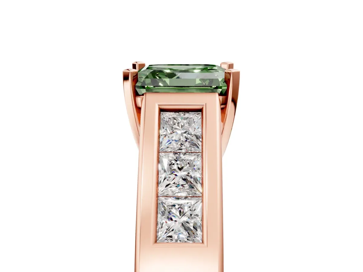 Fancy Green Asscher Cut Cut Channel Set Solitaire Ring with Four-Prong Setting Rose gold