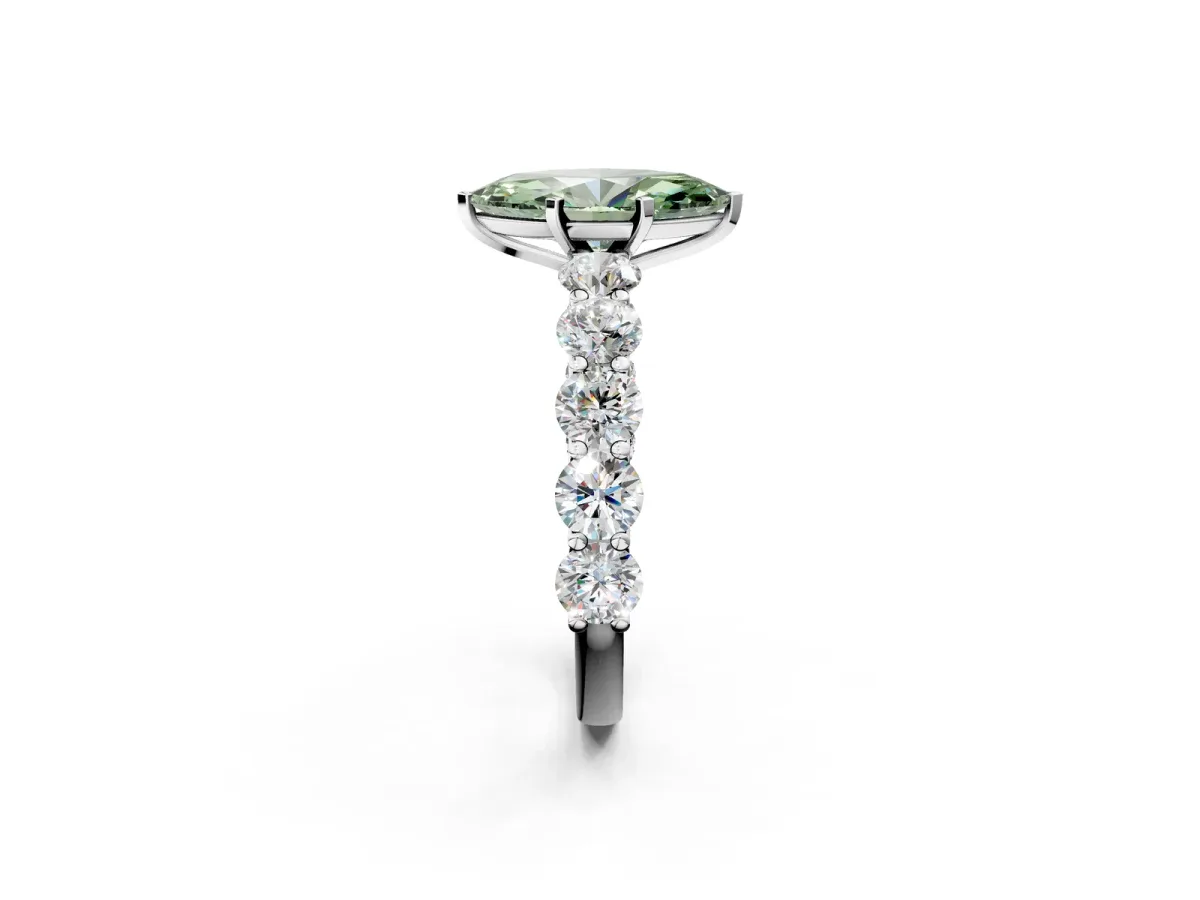 Fancy Green Marquise Cut Diamond Prong Setting with Side Stones on a Pave Band Silver