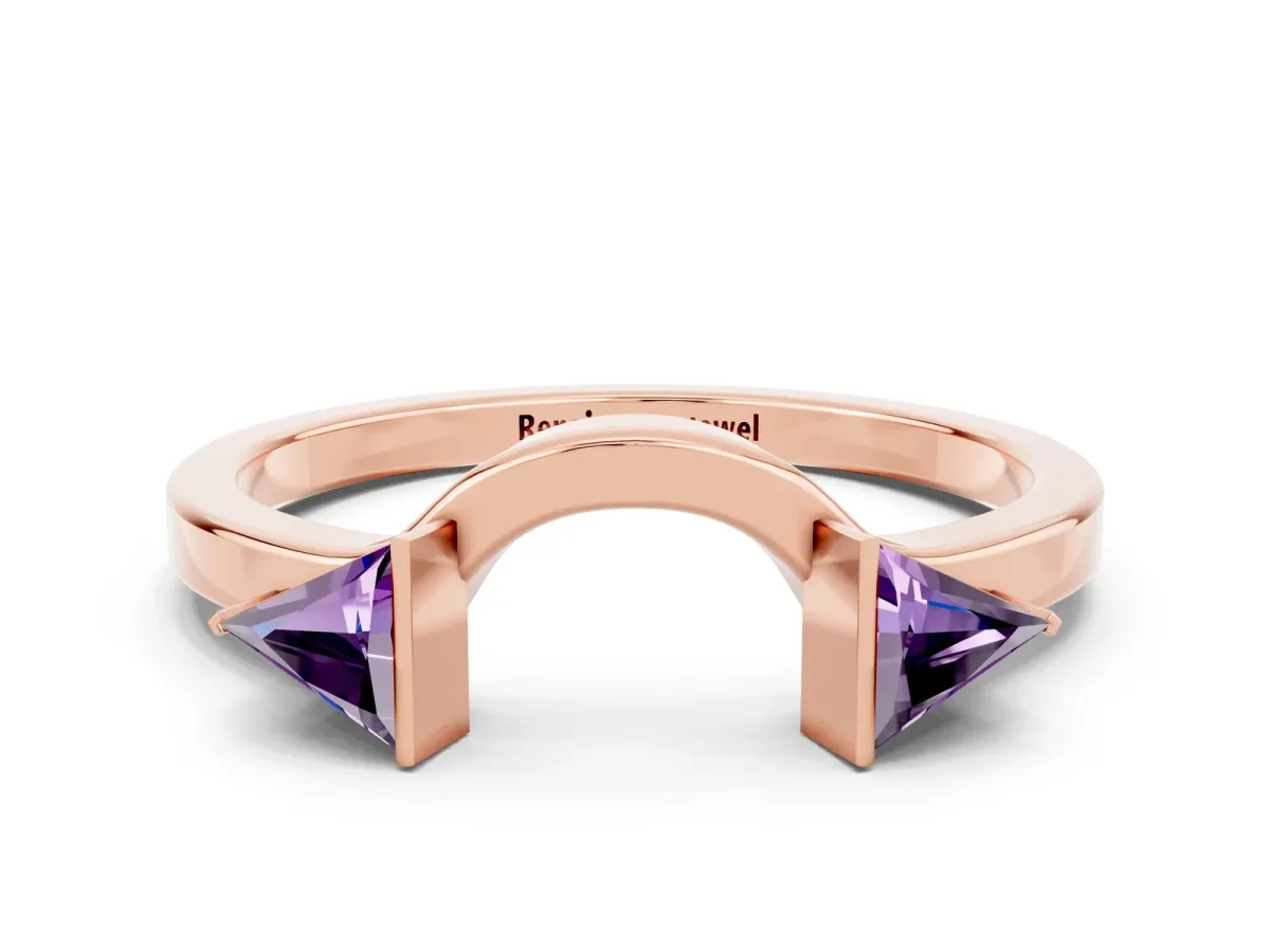 Trillion Amethyst Open Band Ring with Bezel Setting Rose gold