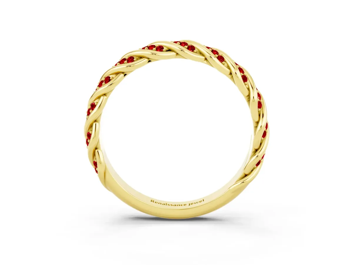 Twisted Pavé Round Ruby Eternity Band with Shared Prong Setting Yellow gold