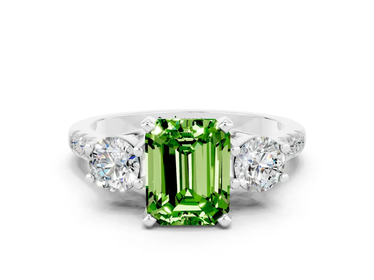 Three-Stone Emerald Cut Peridot Pavé Band with Four-Prong Setting Silver