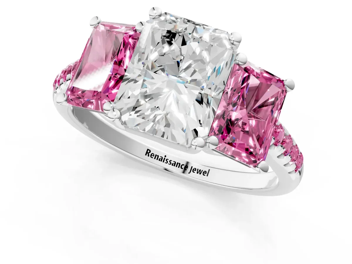 Three-Stone Radiant Cut Diamond Ring with Round Pink Sapphire Pavé Band and Prong Setting Silver