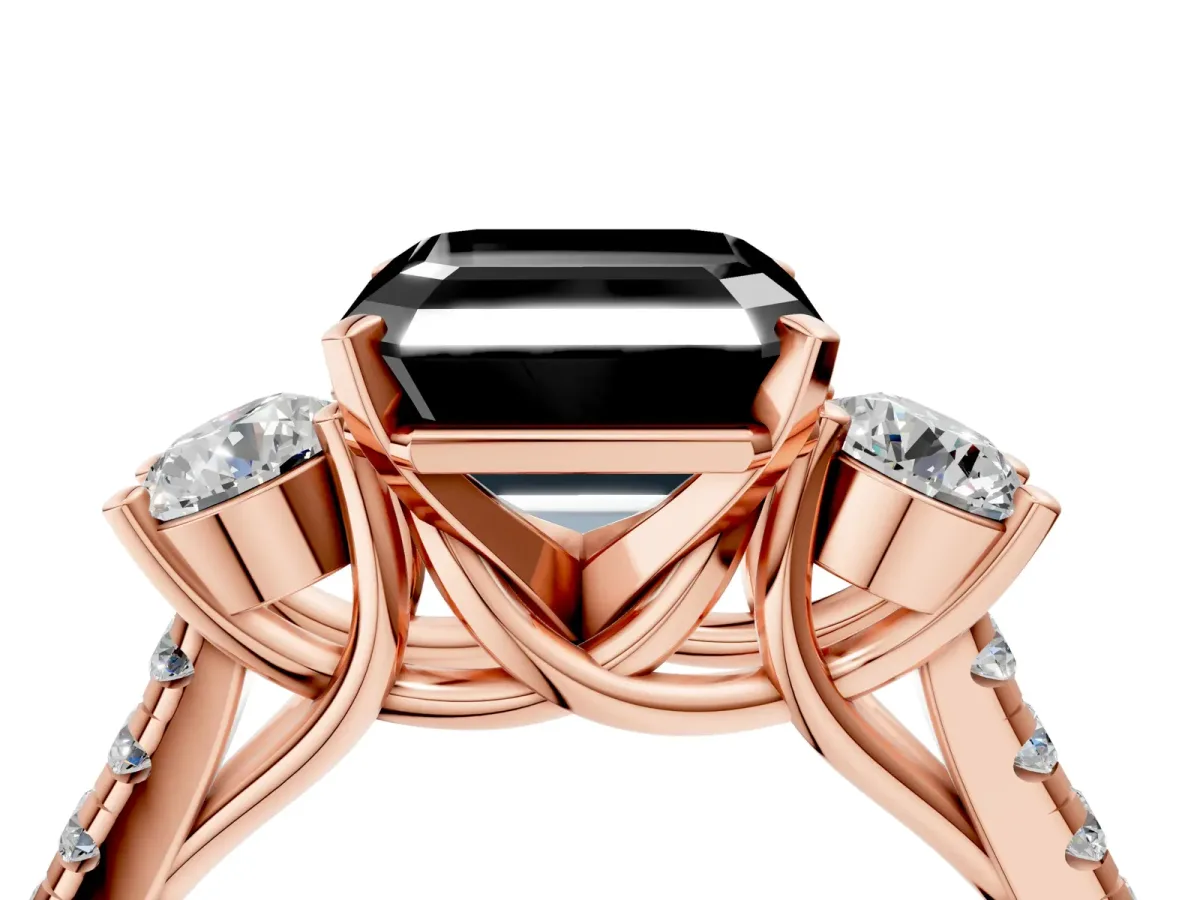 Fancy Black Three-Stone Asscher Cut Diamond Pavé Band with Four-Prong Setting Rose gold