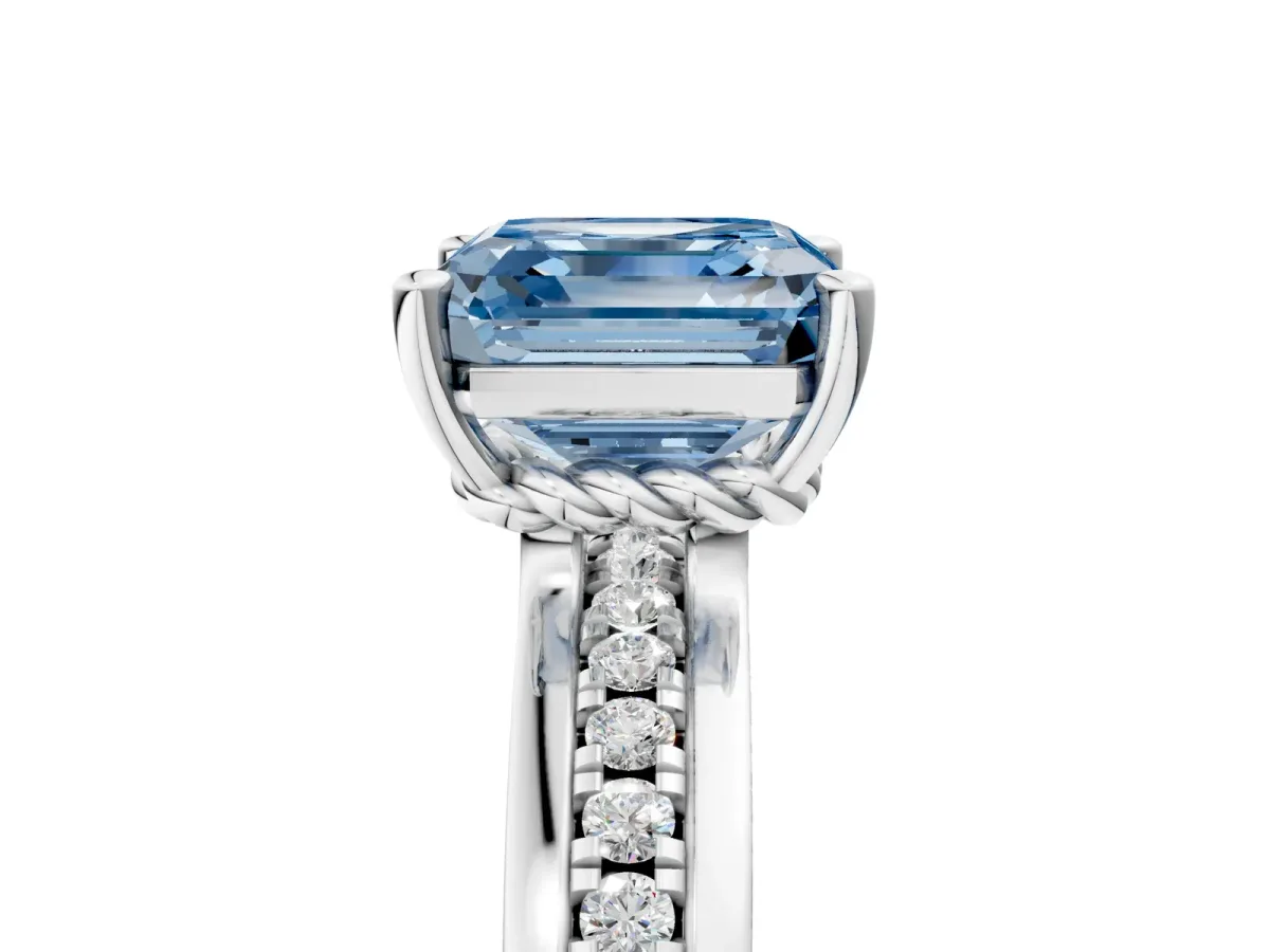 Fancy Blue Asscher Cut Solitaire Diamond Ring with Channel Set Band and Six-Prong Setting Platinum