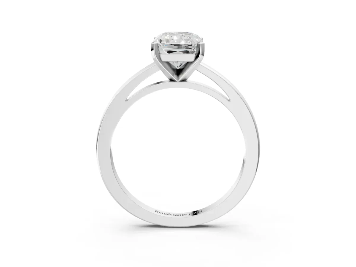 Radiant Cut Solitaire Diamond Engagement Ring with Four-Prong Setting on a Classic Band Platinum