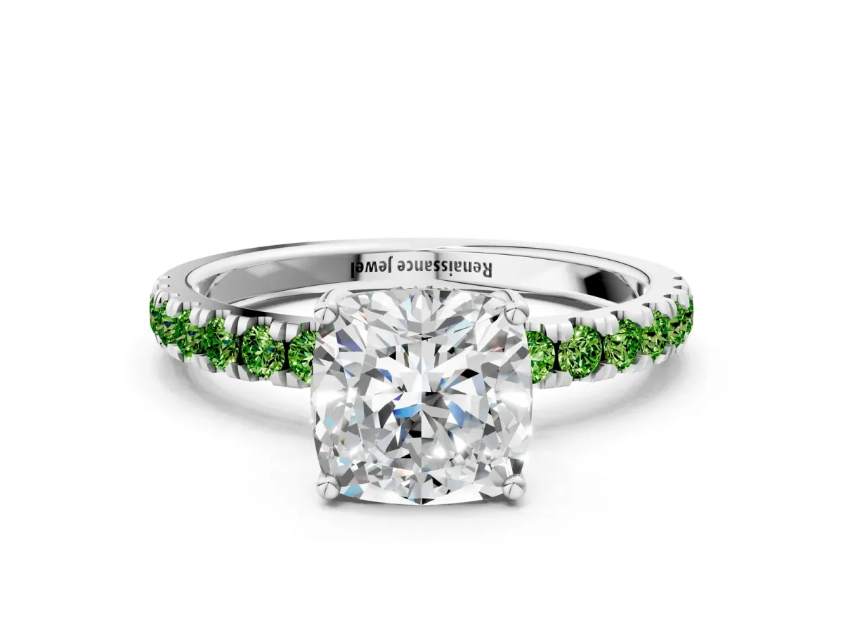Cushion Cut Diamond Pave Band Solitaire Ring with Round Peridot and Prong Setting Silver