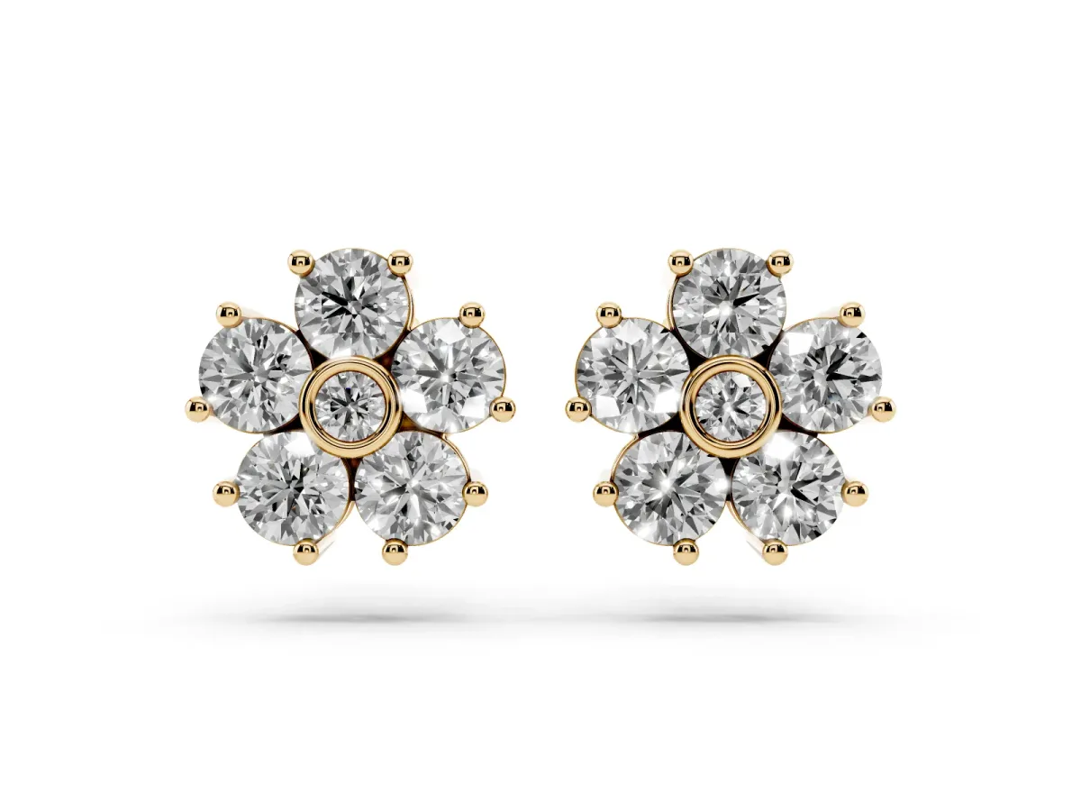 Round Diamond Flower Stud Earrings with Diamond Accent Yellow gold