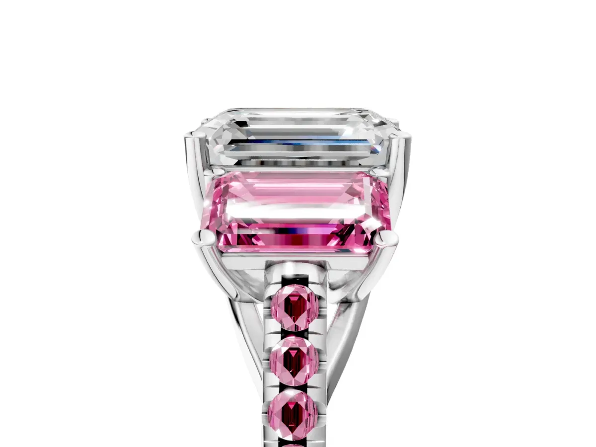 Three-Stone Emerald Cut Diamond Ring with Round Pink Sapphire Pavé Band and Prong Setting Silver
