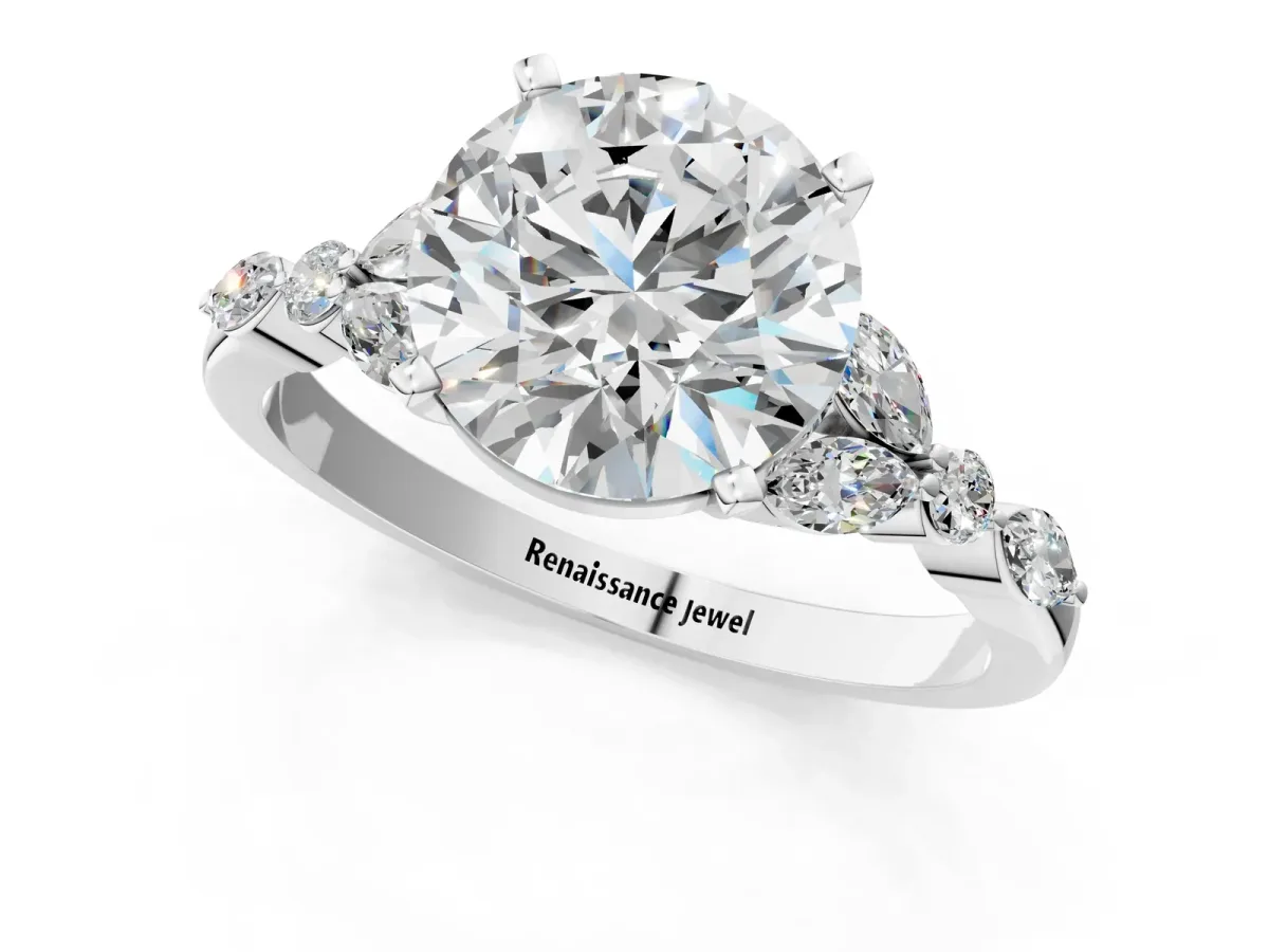 Round Cut Diamond Solitaire Ring with Side Stones and Four-Prong Setting White gold