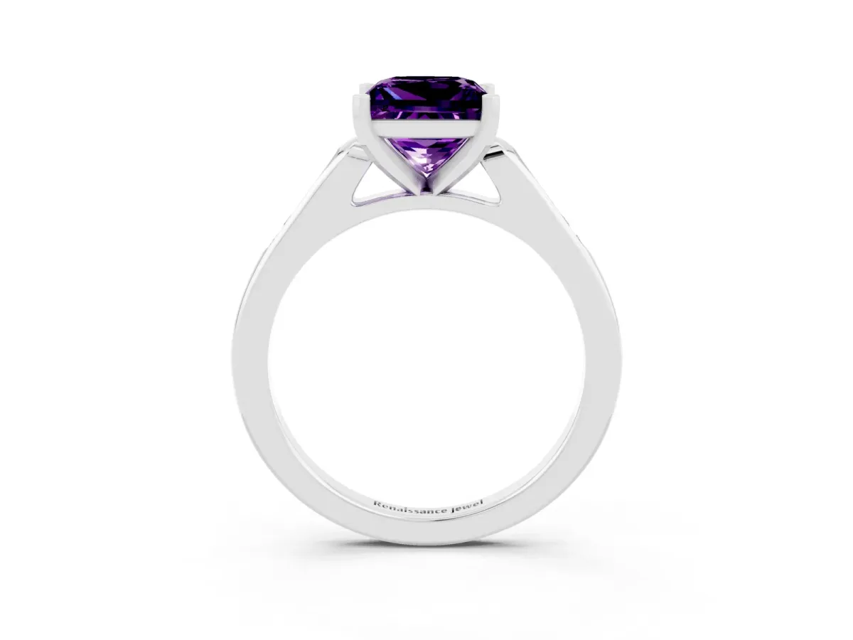 Princess Cut Amethyst Solitaire Ring with Channel Set Round Band and Prong Setting Silver