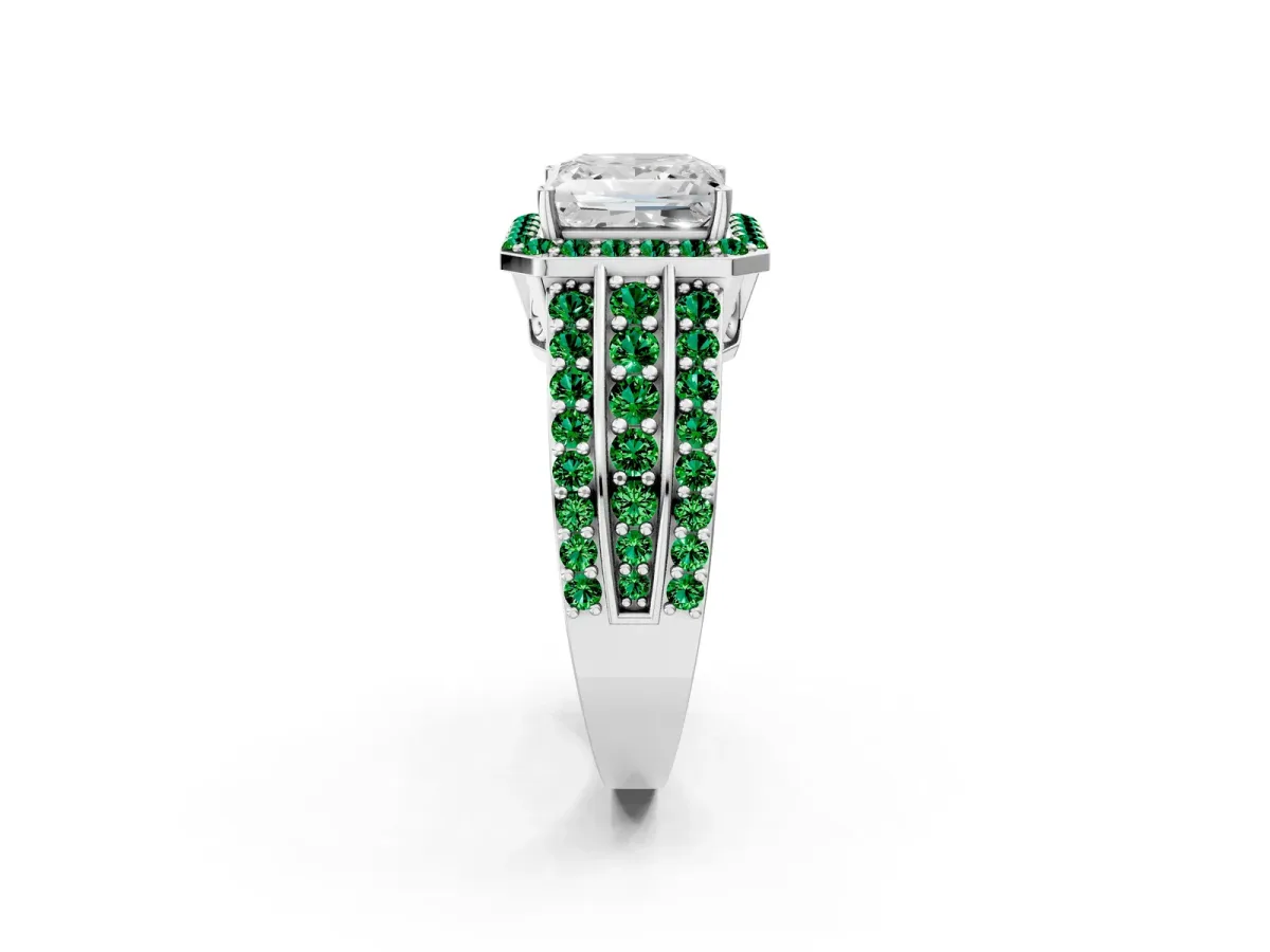 Princess Cut Halo Diamond Ring with Round Emerald Split Shank and Prong Setting Platinum