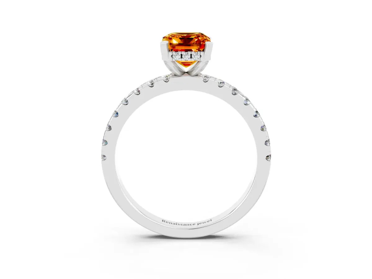 Emerald Cut Citrine Solitaire Ring with Round Pavé Band and Four-Prong Setting Platinum