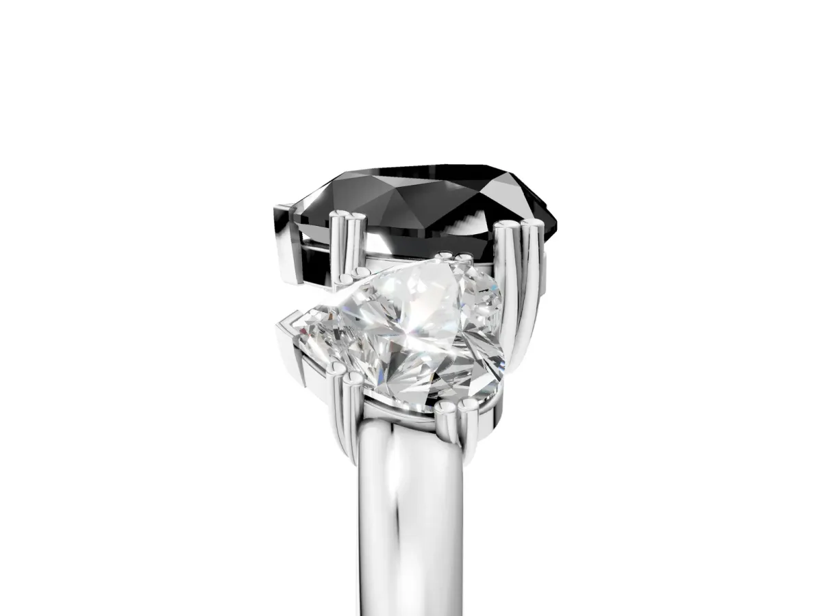 Fancy Black Three-Stone Heart Cut Cut Diamond Ring with Channel Set Band and Four-Prong Setting Silver
