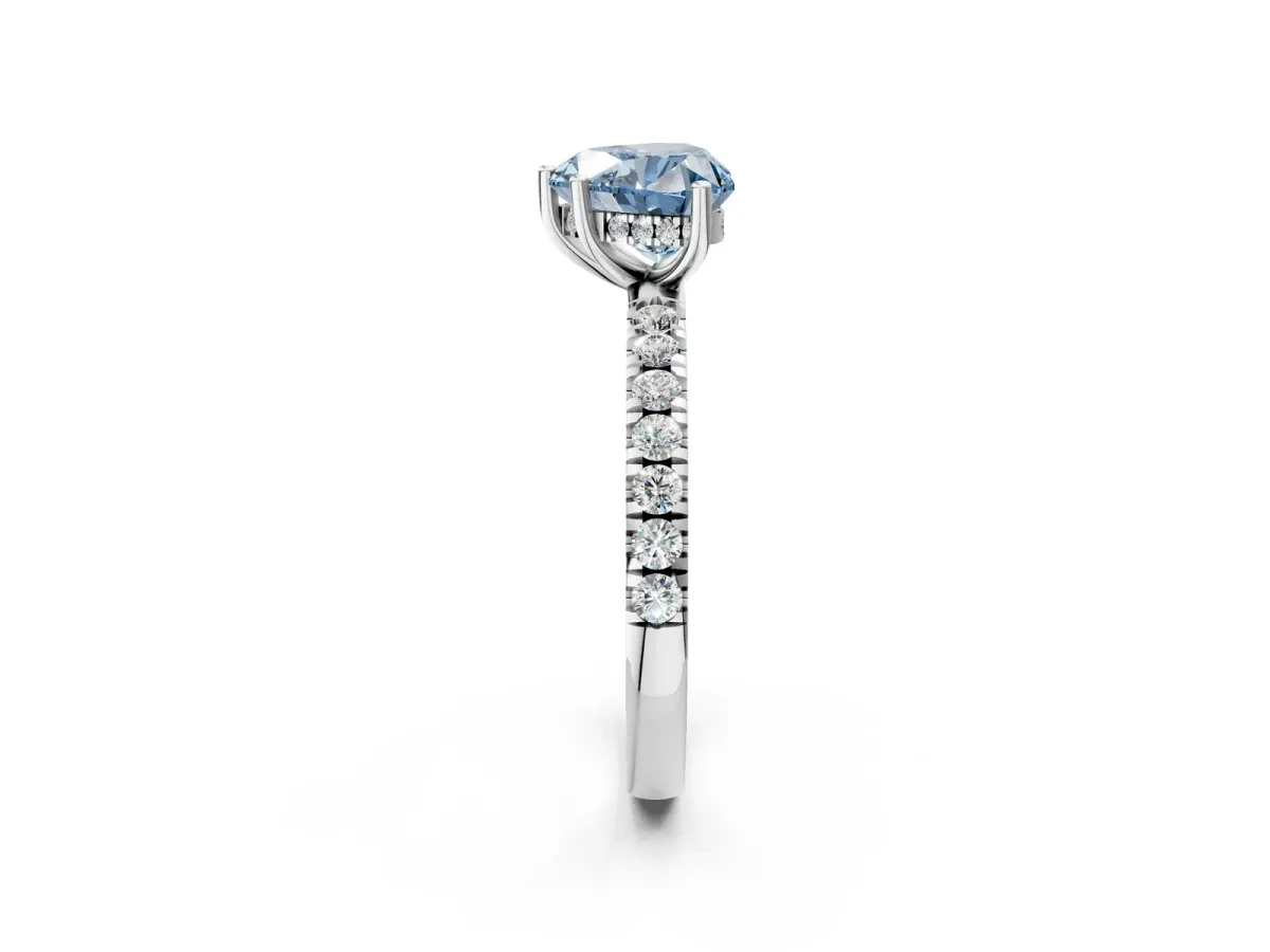 Fancy Blue Heart Cut Diamond Pave Band Solitaire Ring with Round and Prong Setting Platinum
