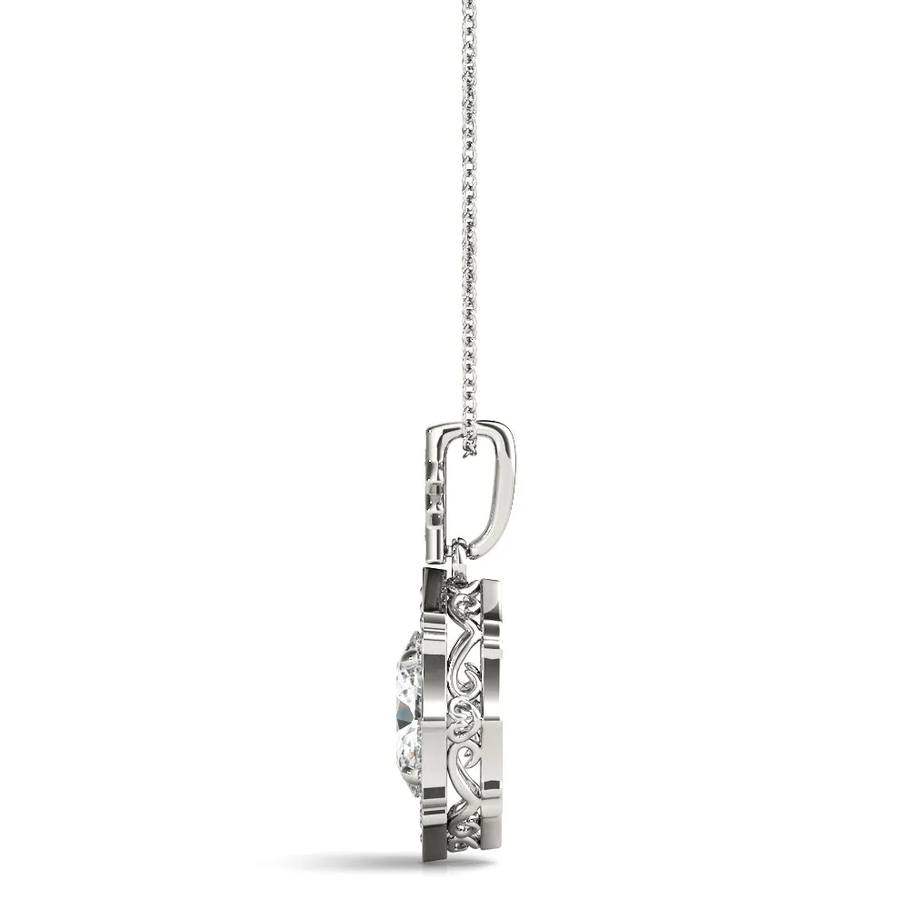 Oval Diamond Halo Pendant with Milgrain Prong Setting White gold