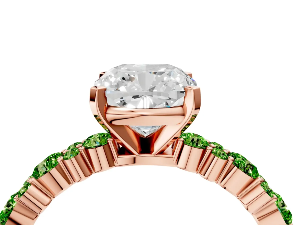 Cushion Cut Diamond Side Stone Solitaire Ring with Round Peridot and Four-Prong Setting Rose gold