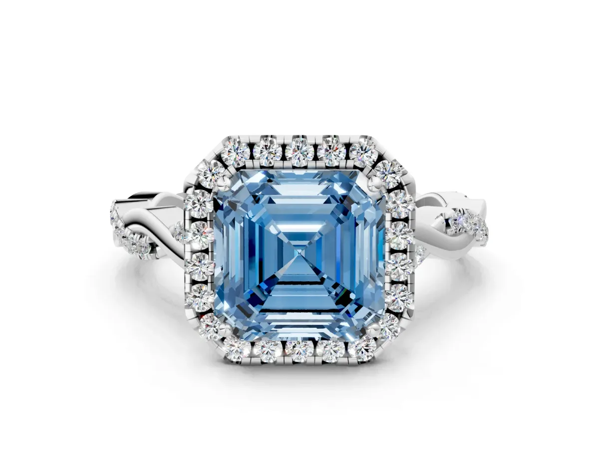 Fancy Blue Asscher Cut Halo Twist Band Solitaire Ring Platinum