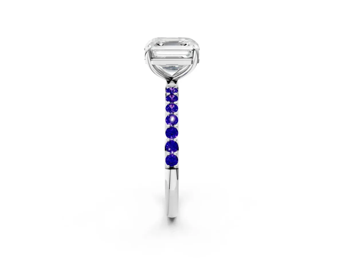 Asscher Cut Diamond Solitaire Ring with Round Tanzanite Pavé Band and Prong Setting Silver