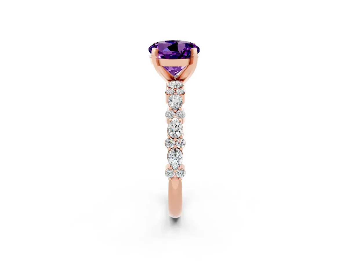 Round Cut Amethyst Side Stone Solitaire Ring with Round and Four-Prong Setting Rose gold