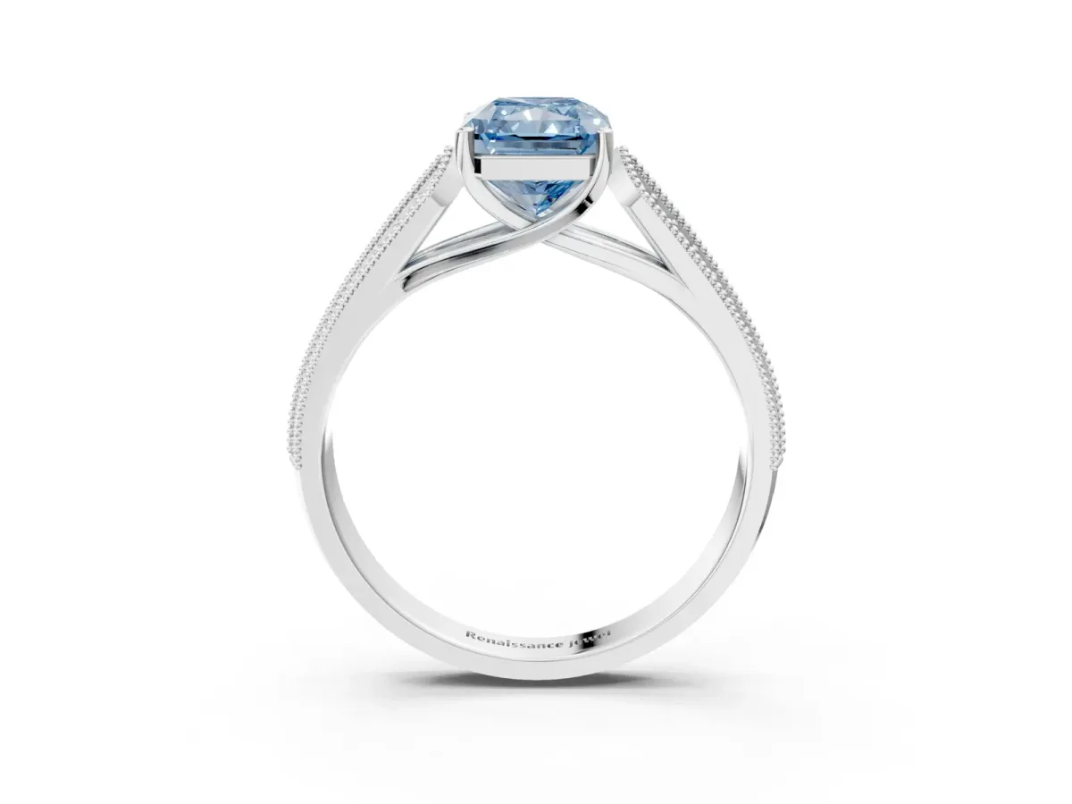 Fancy Blue Radiant Cut Cut Pave Split Shank Engagement Ring with Four-Prong Setting Platinum