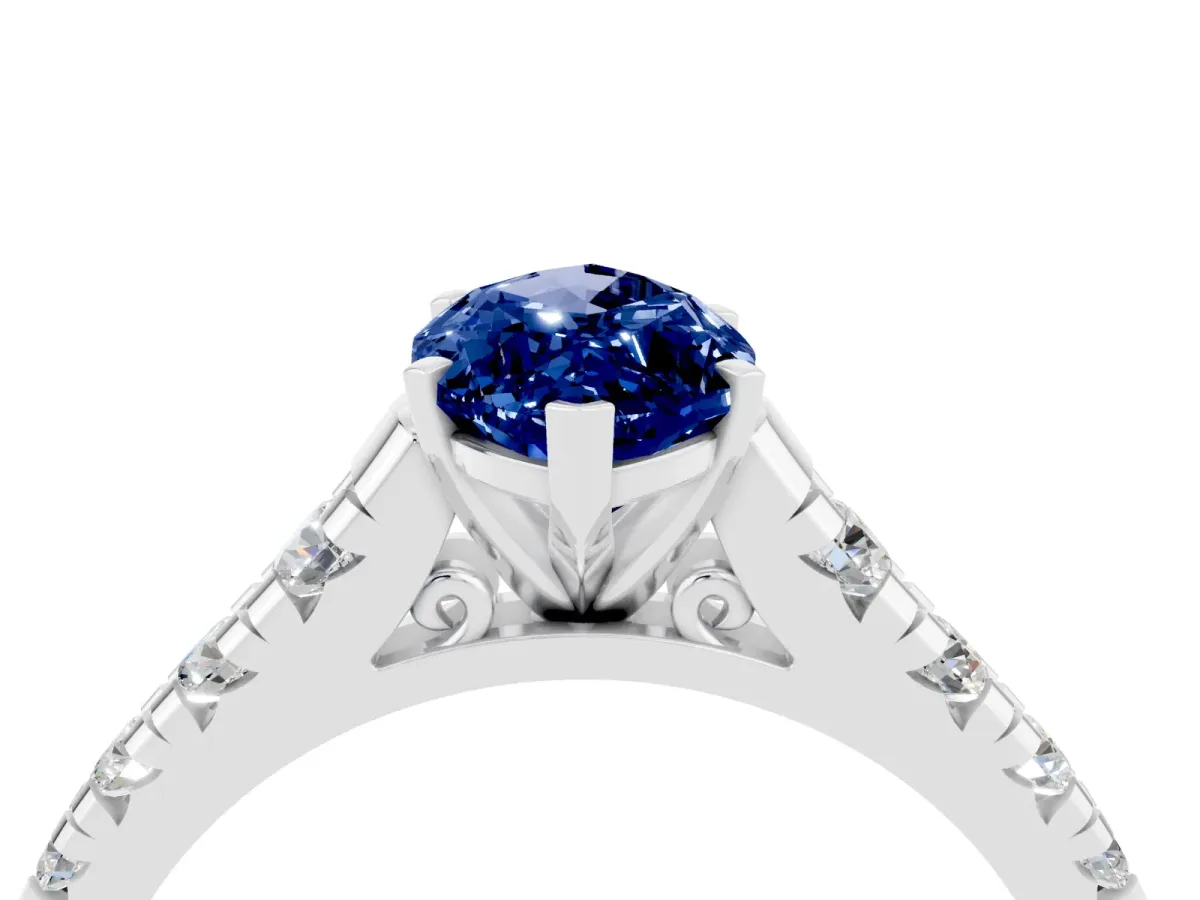 Marquise Cut Blue Sapphire Cathedral Solitaire Ring with Round Pavé Band Silver