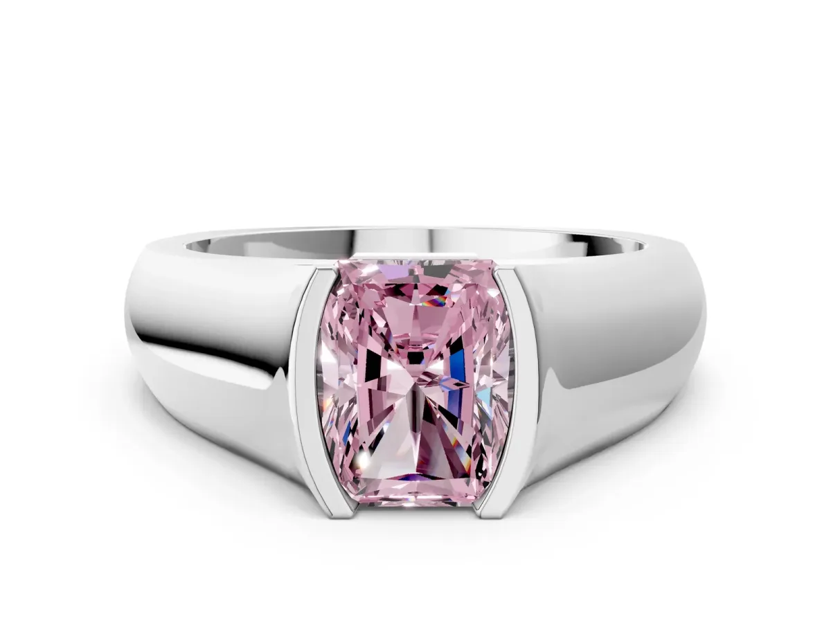 Fancy Pink Radiant Cut Solitaire Bezel Set Diamond Ring with Wide Band Platinum