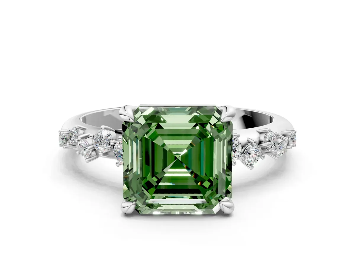 Fancy Green Asscher Cut Cut Diamond Vine Band with Four-Prong Setting Platinum