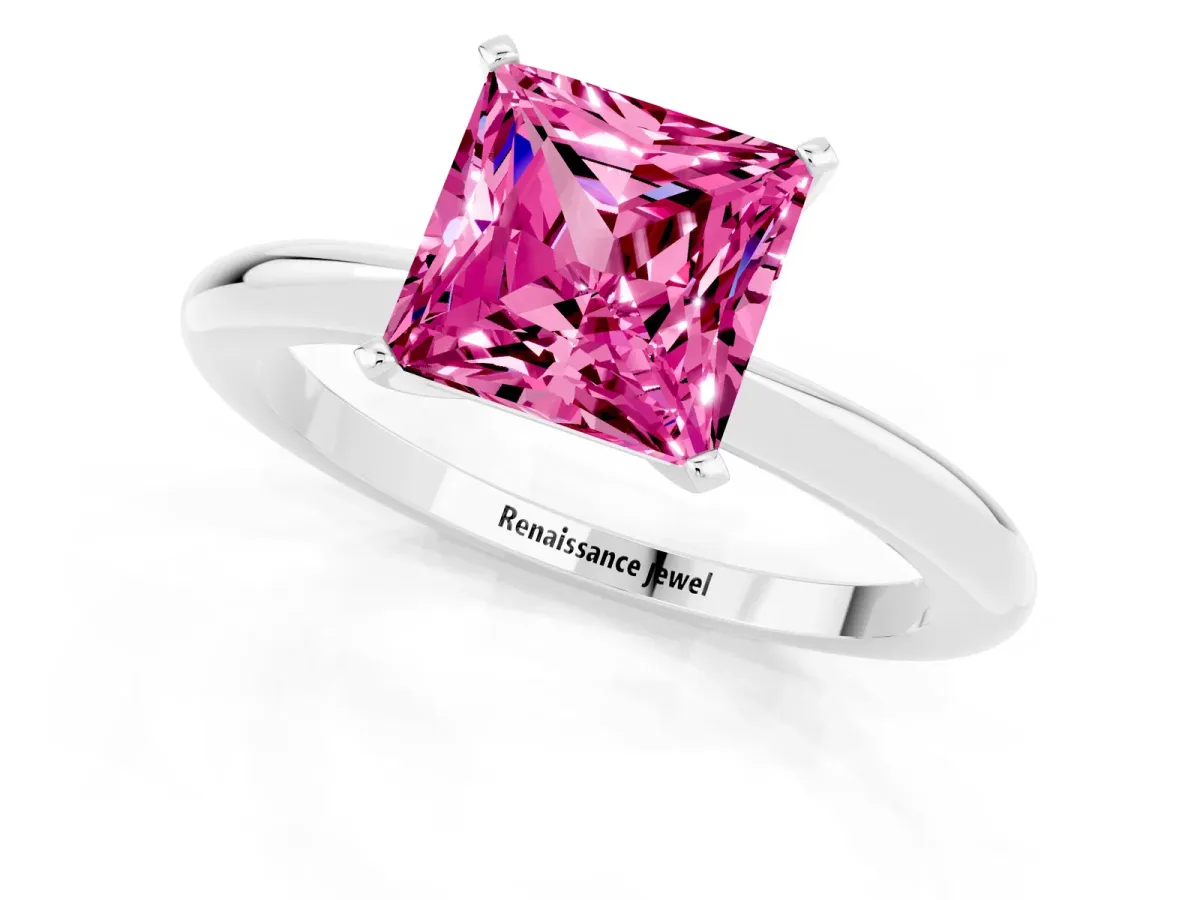 Princess Cut Pink Sapphire Solitaire Ring with Six-Prong Setting and Classic Band Silver