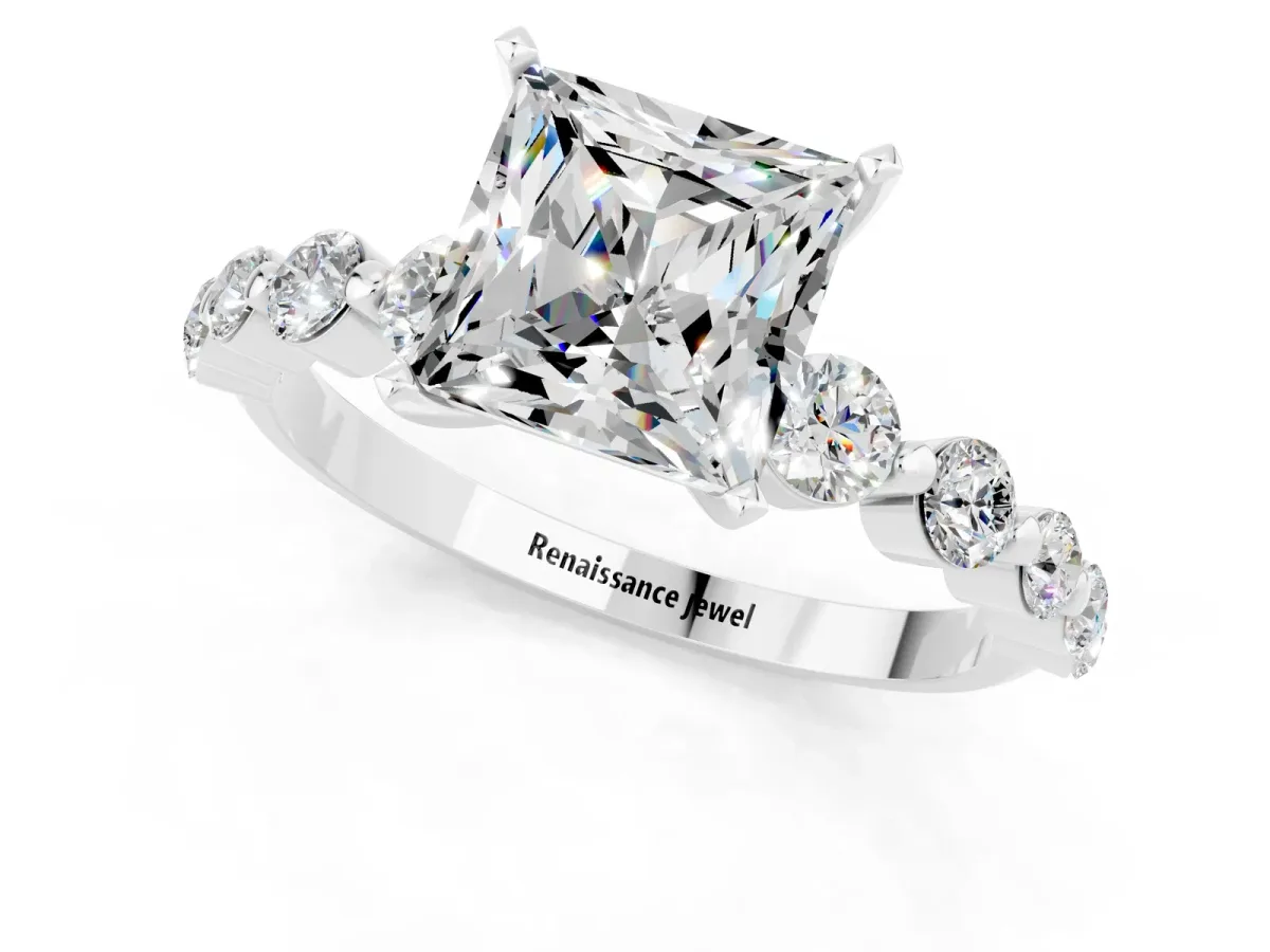 Princess Cut Solitaire Moissanite Ring with Pave Band and Four-Prong Setting Silver