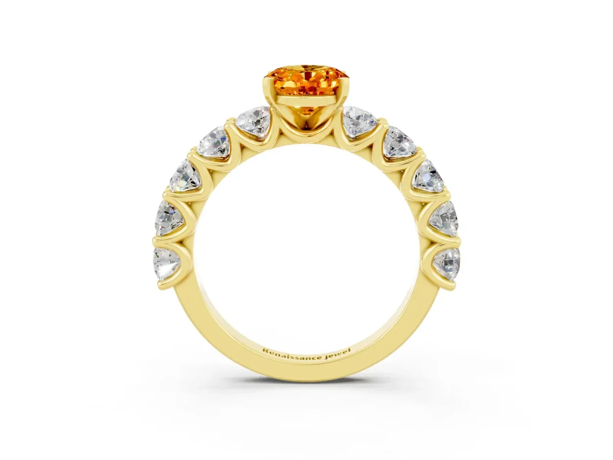 Oval Cut Citrine Prong Setting with Side Stones on a Pave Band Yellow gold