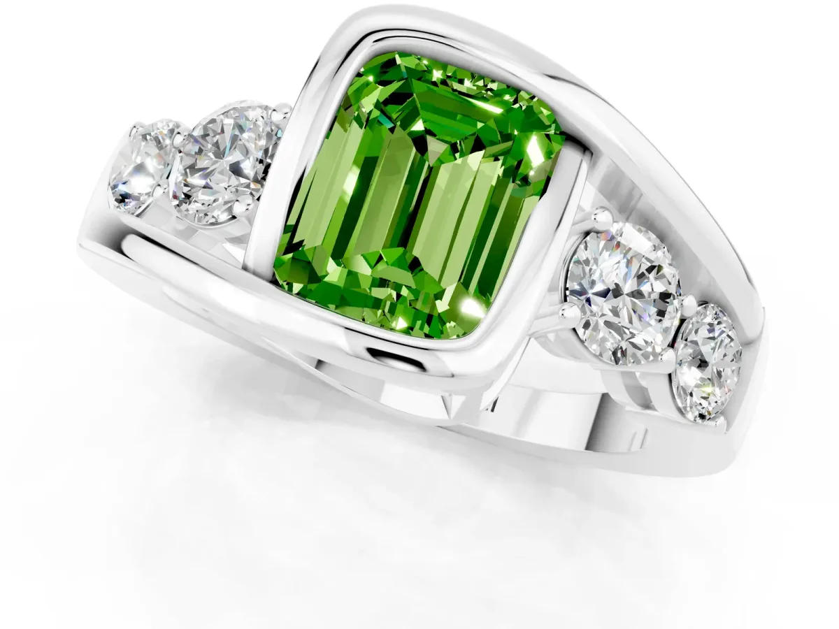 Bezel Set Emerald Cut Peridot Bypass Ring with Round Accents Platinum