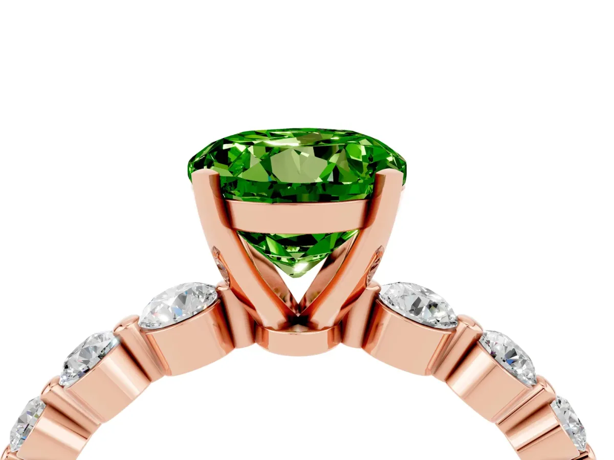 Round Cut Solitaire Peridot Ring with Pave Band and Four-Prong Setting Rose gold