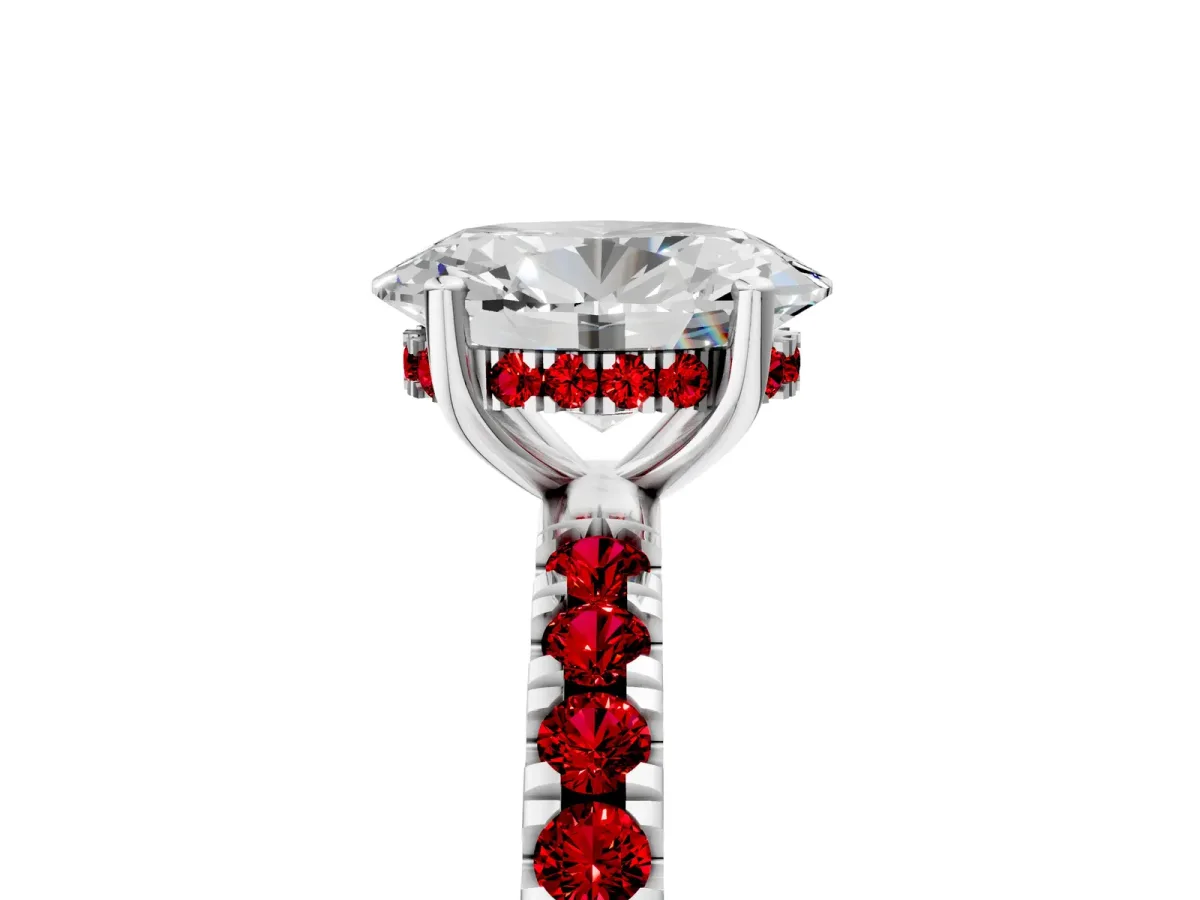 Oval Cut Diamond Pave Band Solitaire Ring with Round Ruby and Prong Setting White gold