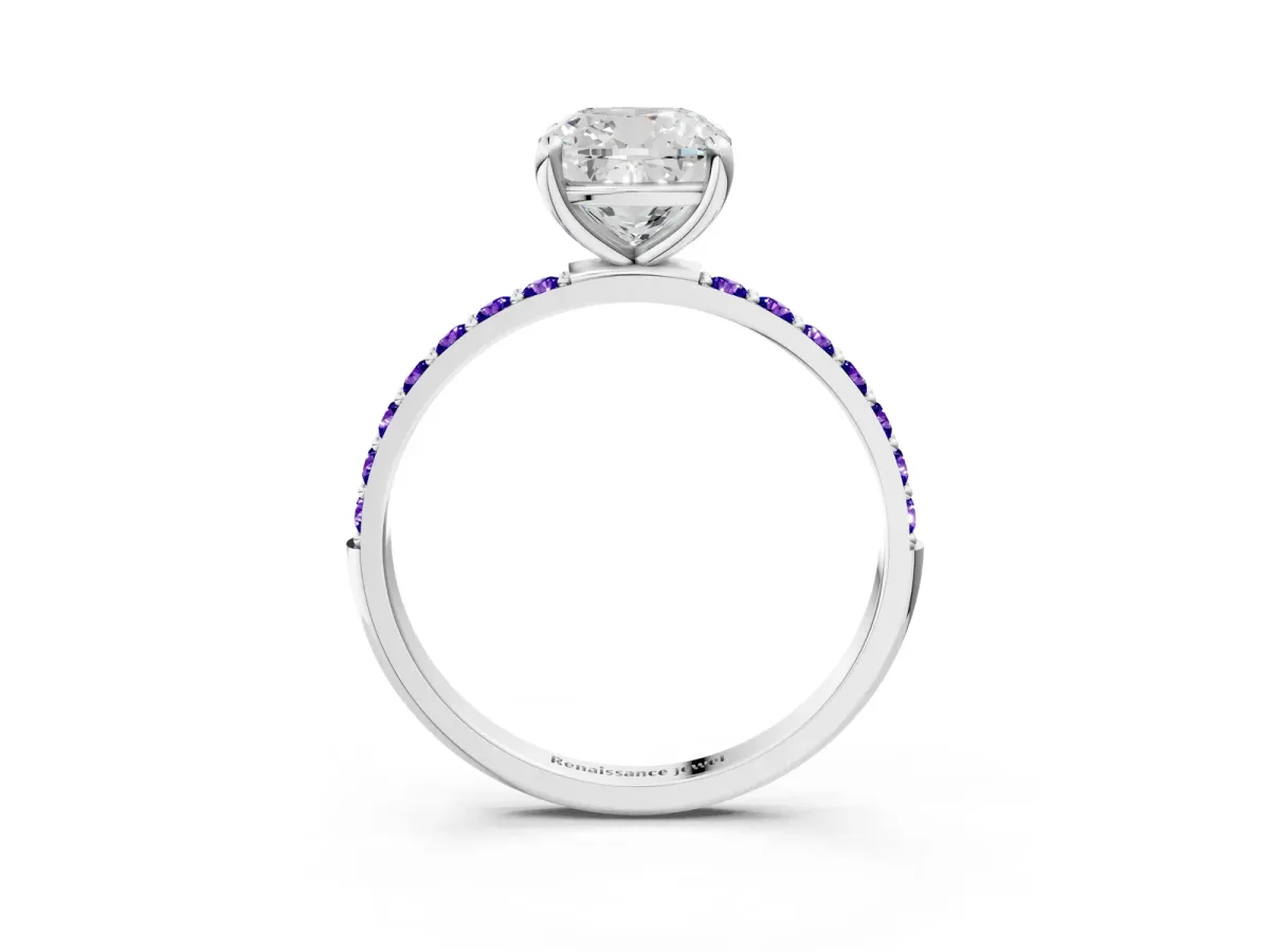 Cushion Cut Diamond Solitaire Ring with Round Tanzanite Pavé Band and Prong Setting Silver