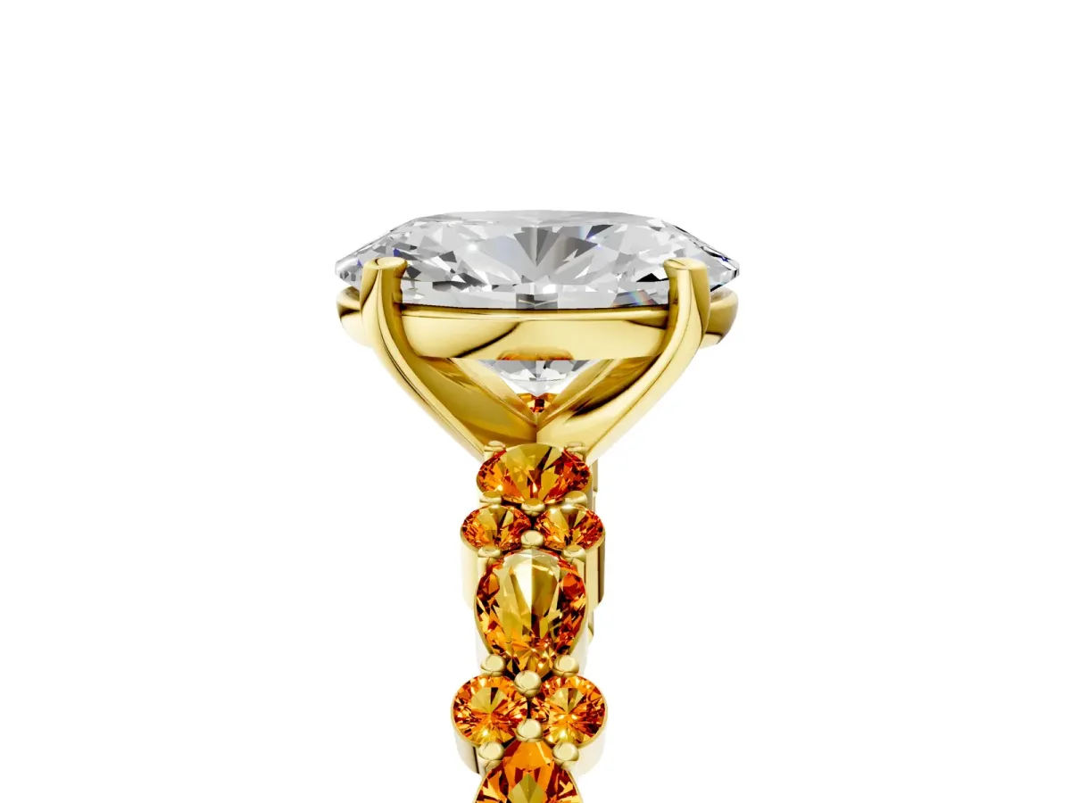 Oval Cut Diamond Side Stone Solitaire Ring with Round Citrine and Four-Prong Setting Yellow gold