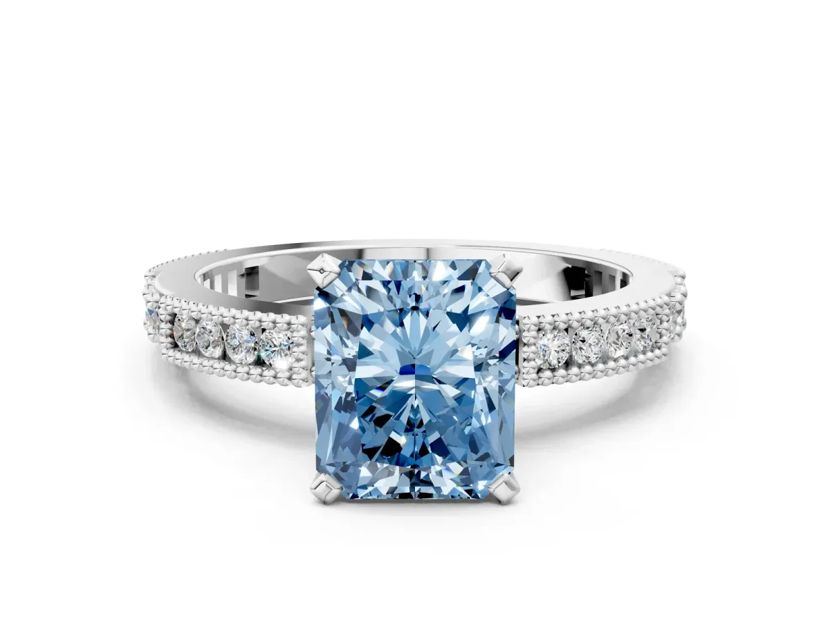 Fancy Blue Radiant Cut Solitaire with Pavé Band and Four-Prong Setting Silver