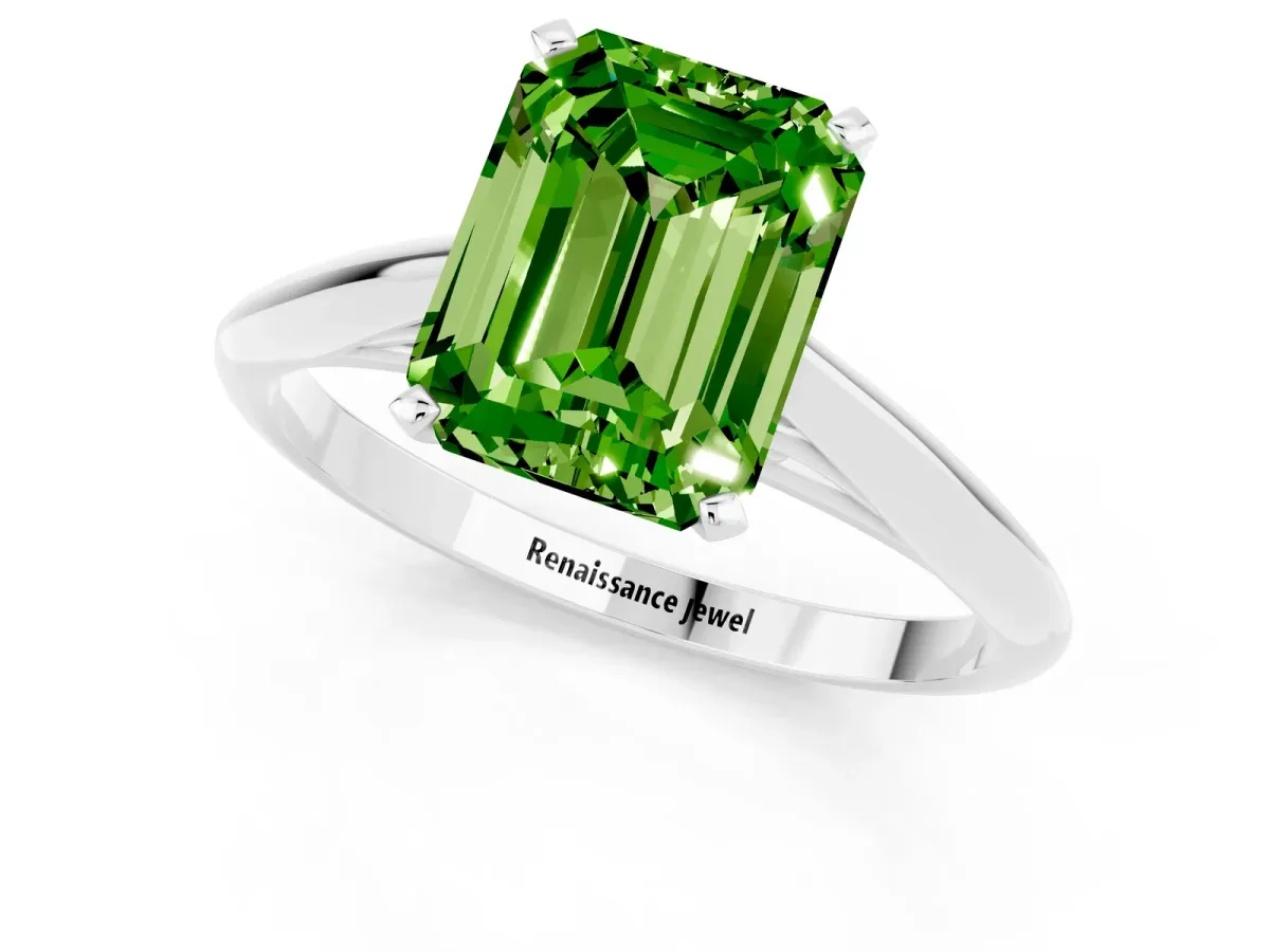 Emerald Cut Peridot Solitaire Engagement Ring with Cathedral Setting and Four-Prong Mount White gold