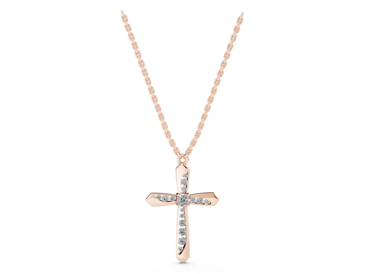 Gold Cross Pendant with Round Cut Stones and Prong Setting Rose gold