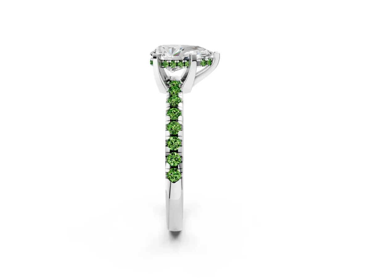 Pear Cut Diamond Solitaire Ring with Round Peridot Pavé Band and Four-Prong Setting Platinum