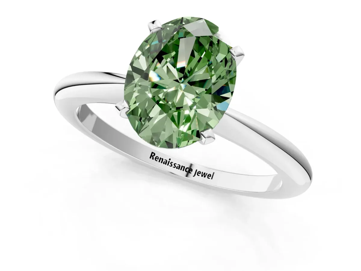 Fancy Green Oval Cut Diamond Solitaire Ring with Six-Prong Setting and Classic Band Silver