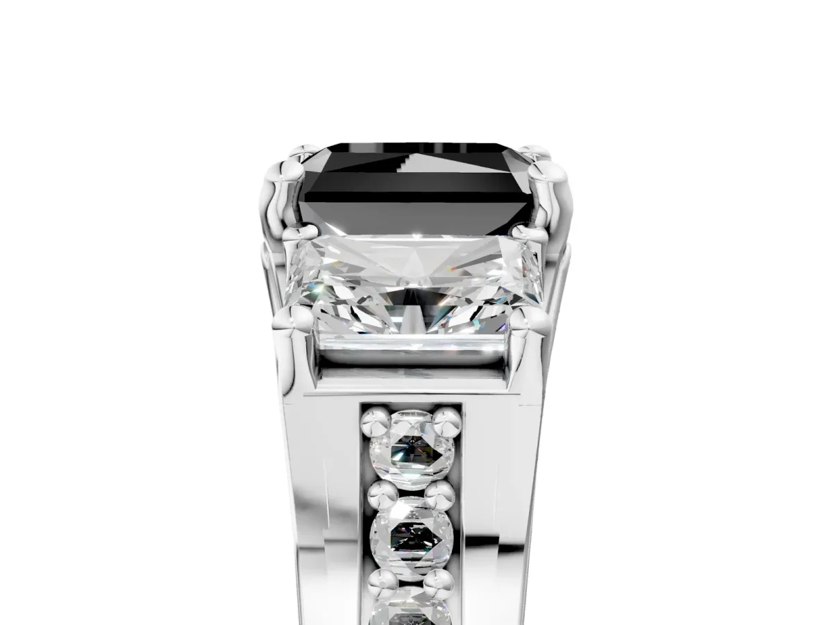 Fancy Black Radiant Cut Diamond Three-Stone Ring with Channel Set Band and Four-Prong Setting Platinum