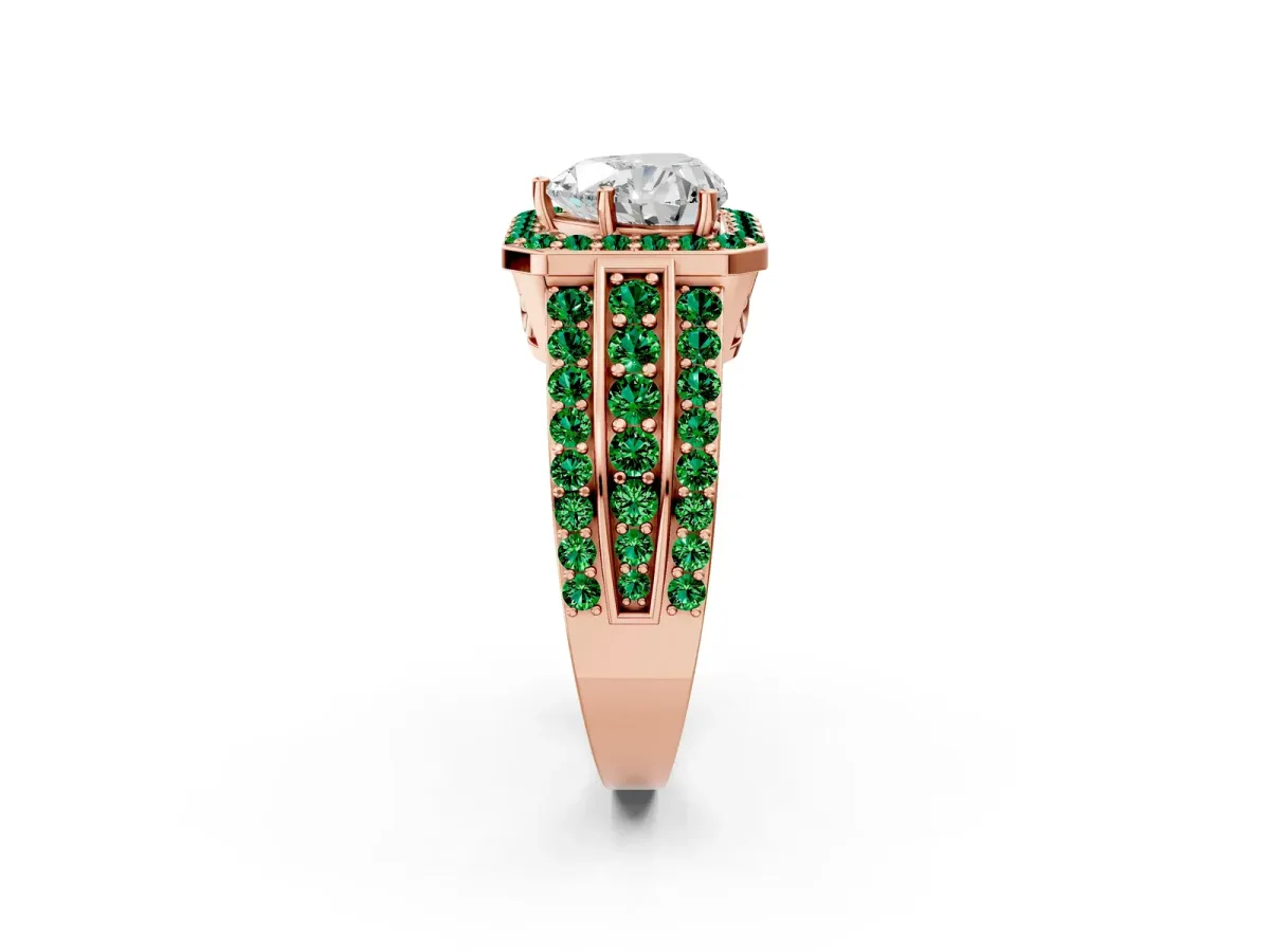 Heart Cut Halo Diamond Ring with Round Emerald Split Shank and Prong Setting Rose gold