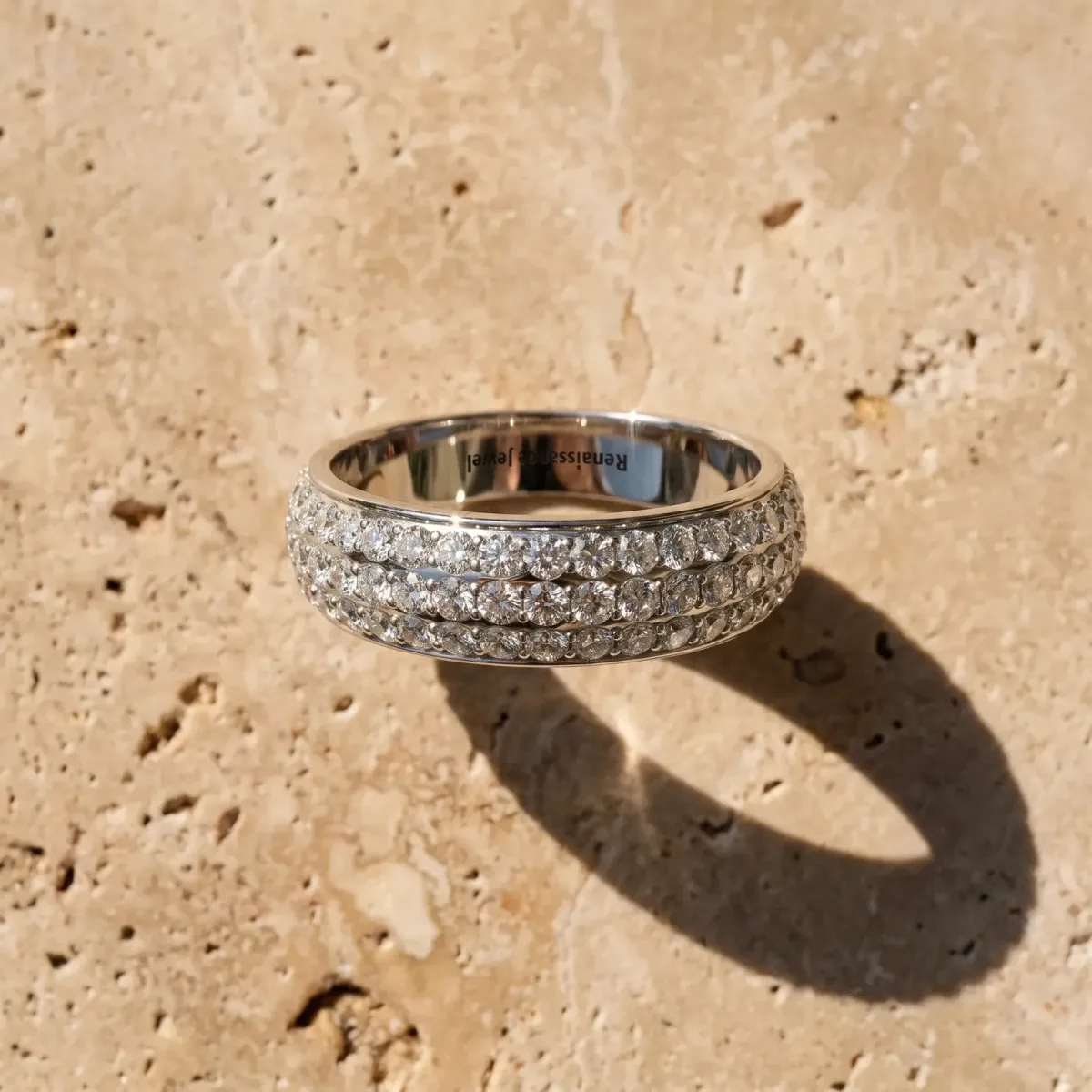 Three-Row Round Diamond Eternity Band with Shared Prong Setting Silver
