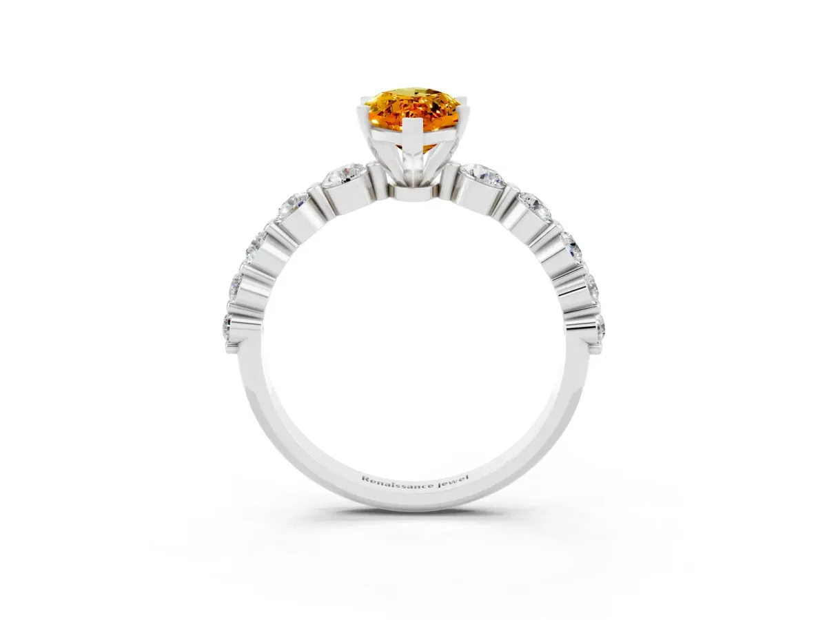 Marquise Cut Solitaire Citrine Ring with Pave Band and Four-Prong Setting Silver