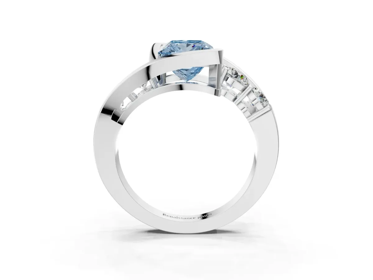 Fancy Blue Bezel Set Princess Cut Diamond Bypass Ring with Round Accents Platinum
