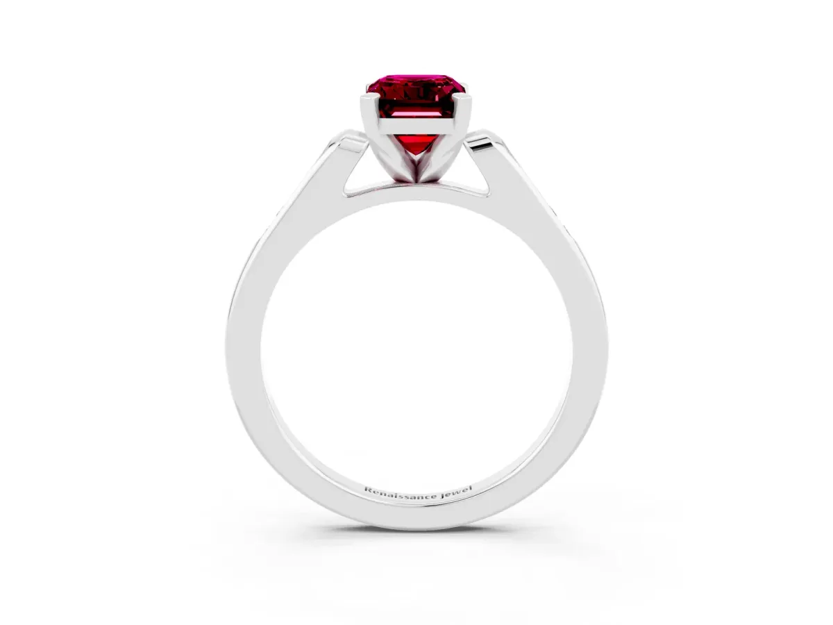 Emerald Cut Garnet Solitaire Ring with Channel Set Round Band and Prong Setting Silver