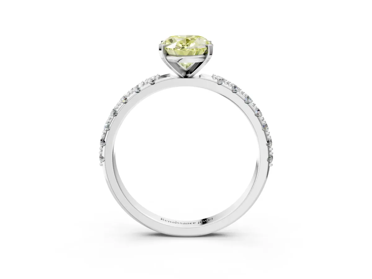 Fancy Yellow Oval Cut Diamond Solitaire Pavé Band with Four-Prong Setting Platinum