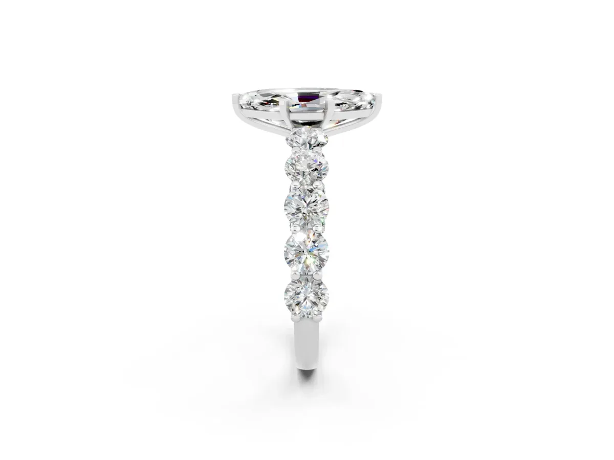 Marquise Cut Moissanite Prong Setting with Side Stones on a Pave Band Silver